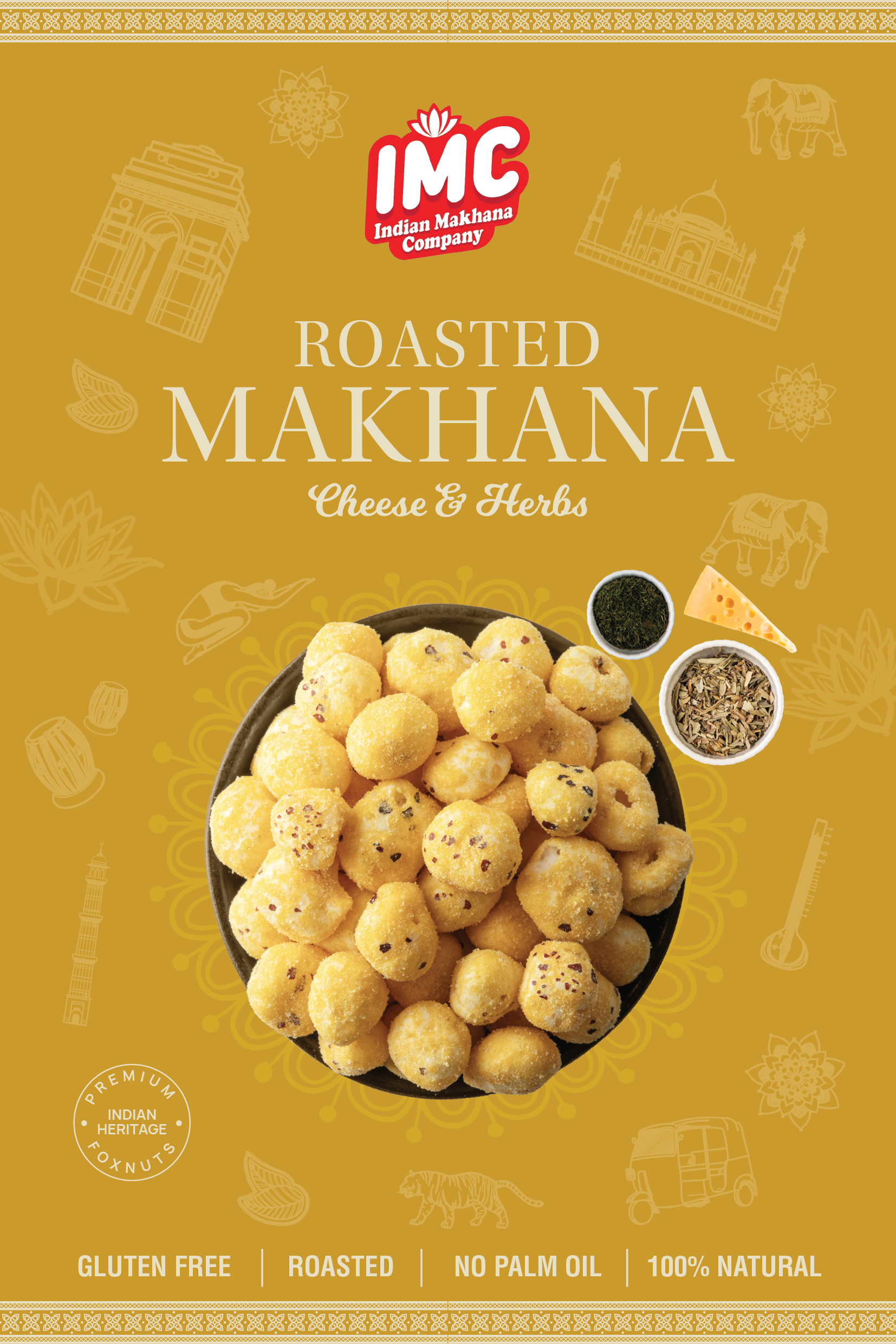 Packaging of IMC Roasted Makhana Cheese & Herbs with a bowl of snack on a yellow background.