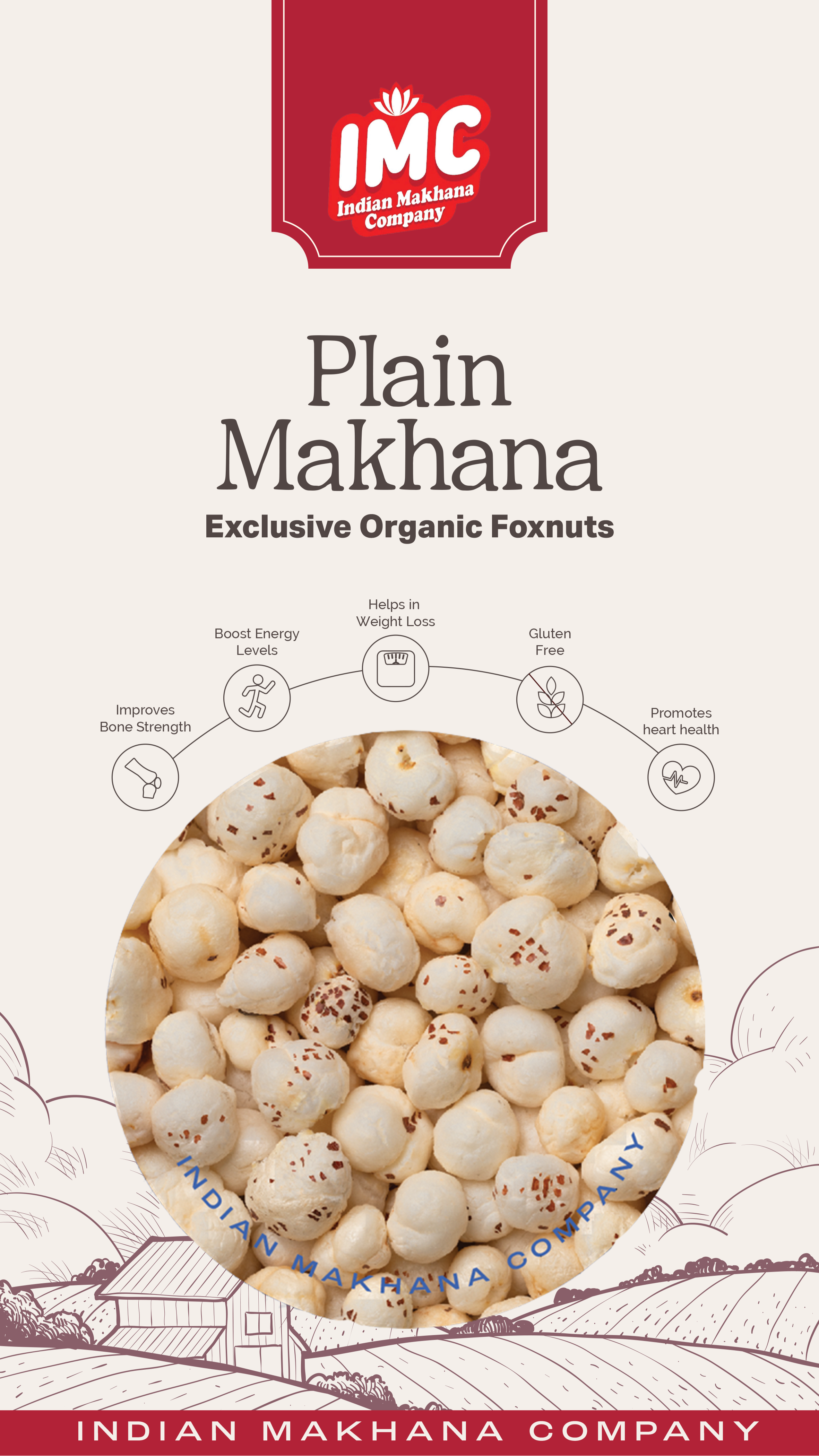 Packaging of Indian Makhana Company's Plain Makhana with product image and branding.