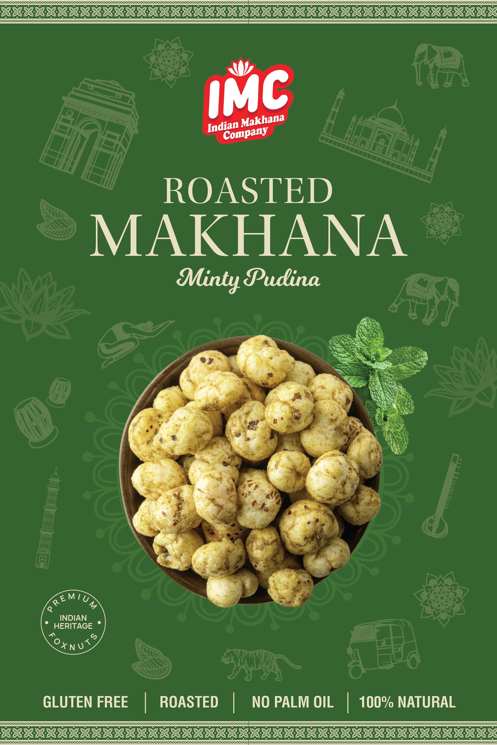 Packaging of IMC Roasted Makhana with a green background and product image.