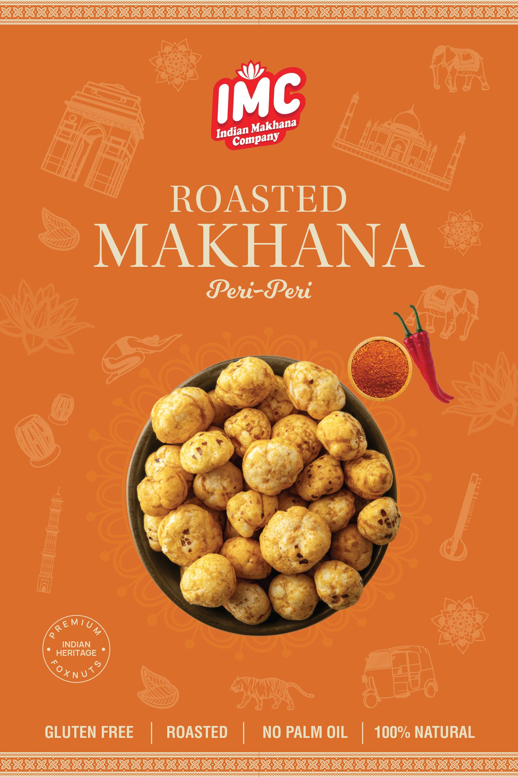 Packaging of IMC Roasted Makhana Peri-Peri with a bowl of makhana on an orange background.