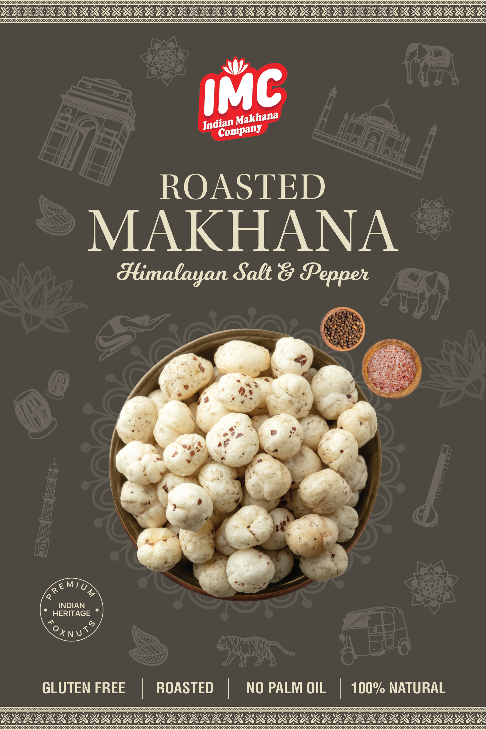Packaging of roasted makhana with IMC logo and product details on a dark background