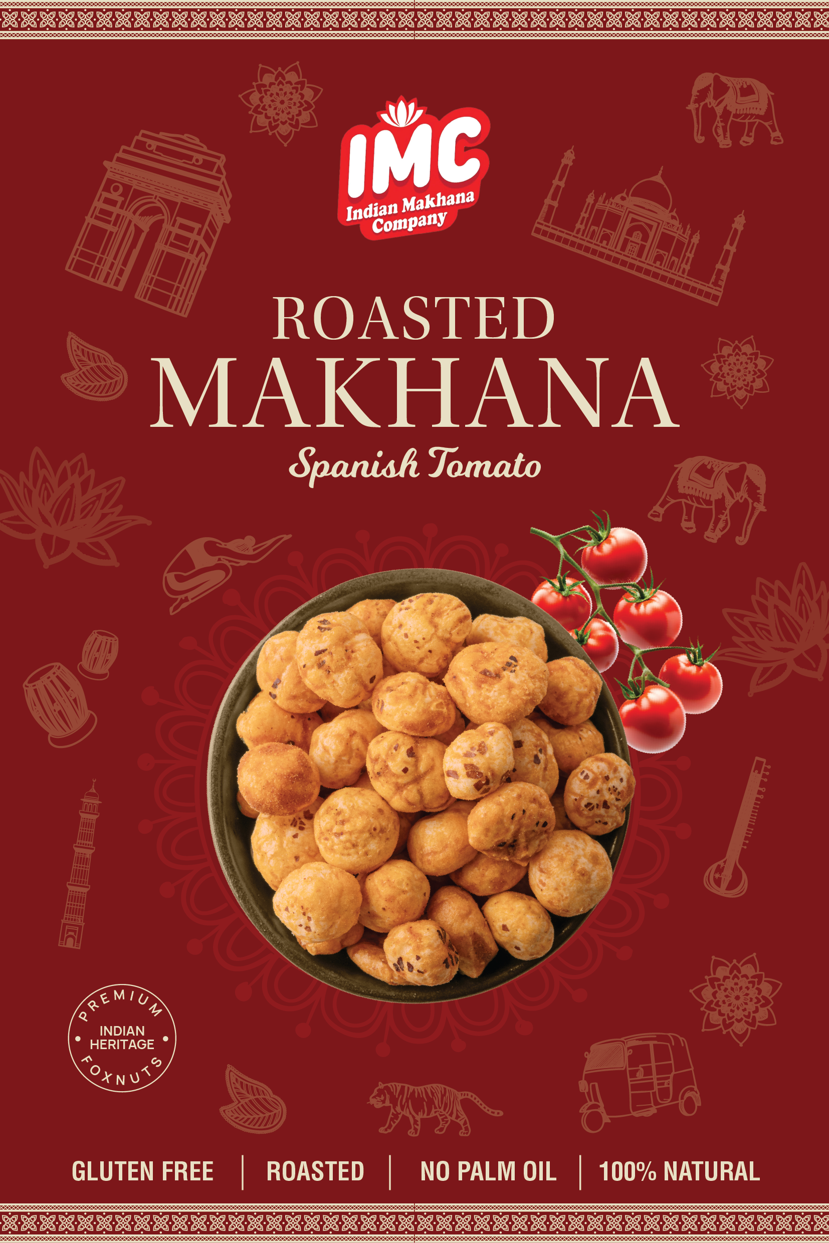 Packaging of IMC Roasted Makhana Spanish Tomato with a bowl of makhana and tomatoes on a red background.