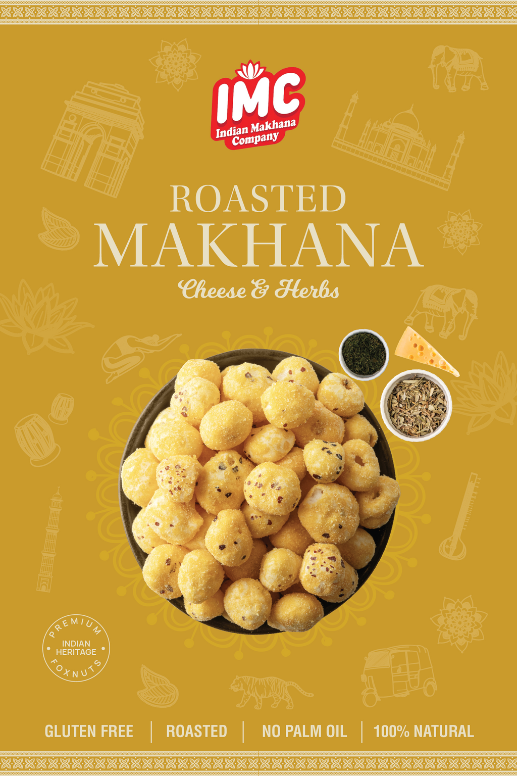 Packaging of IMC Roasted Makhana Cheese & Herbs with a bowl of snack on a yellow background.