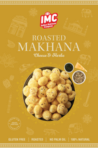 Packaging of IMC Roasted Makhana Cheese & Herbs with a bowl of snack on a yellow background.