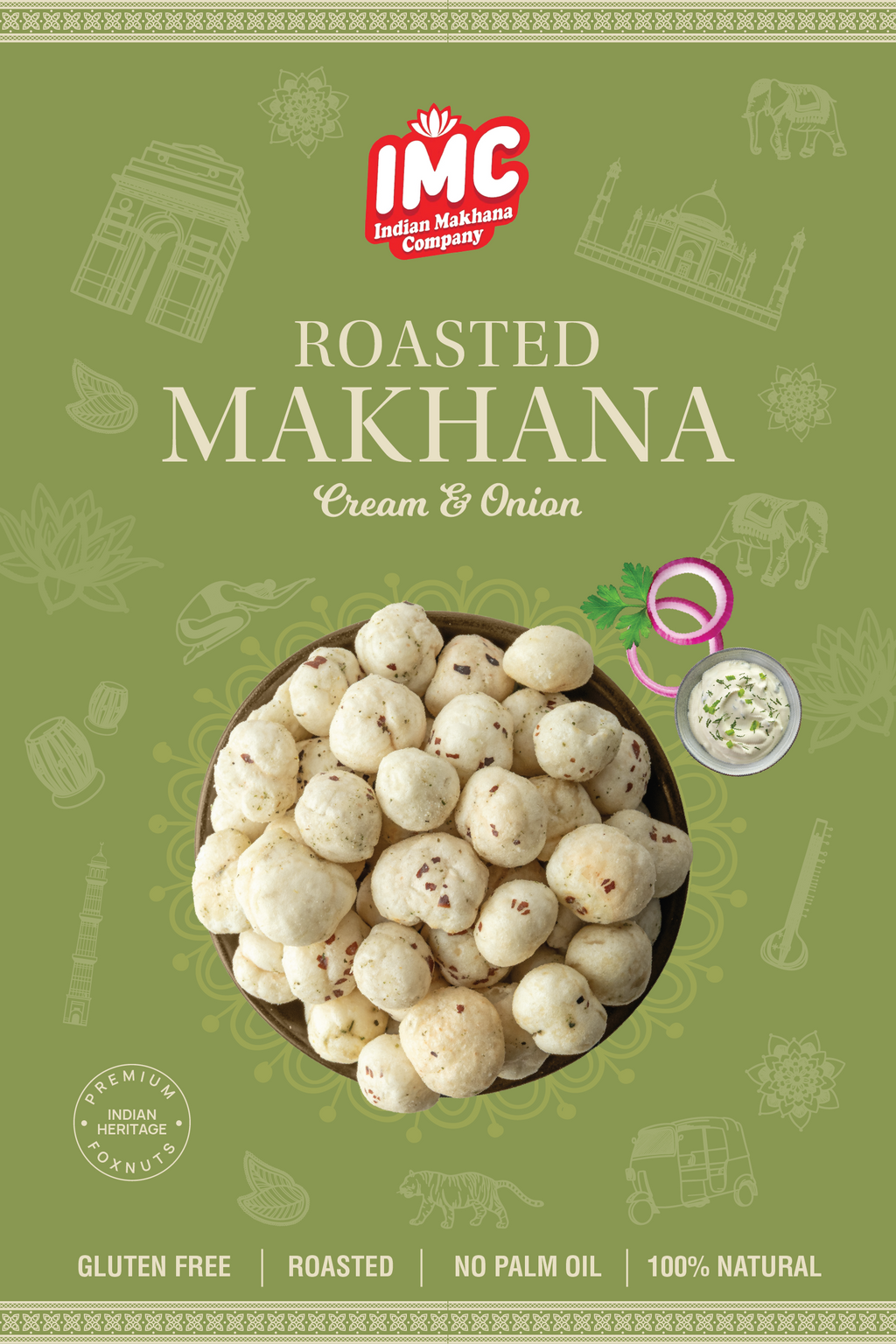 Packaging of IMC Roasted Makhana Cream & Onion on a green background