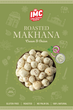 Packaging of IMC Roasted Makhana Cream & Onion on a green background