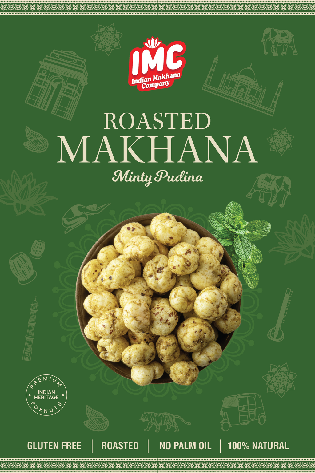 Packaging of IMC Roasted Makhana with a green background and product image.