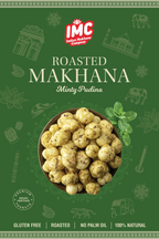 Packaging of IMC Roasted Makhana with a green background and product image.