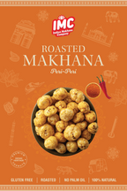 Packaging of IMC Roasted Makhana Peri-Peri with a bowl of makhana on an orange background.