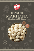 Packaging of roasted makhana with IMC logo and product details on a dark background