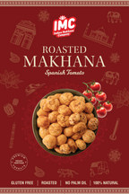 Packaging of IMC Roasted Makhana Spanish Tomato with a bowl of makhana and tomatoes on a red background.